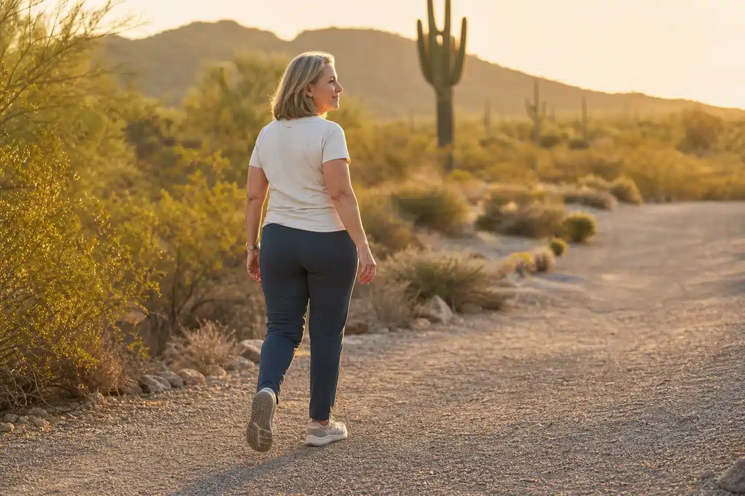 Woman walking an Arizona trail at golden hour, feeling lighter after lipedema treatment